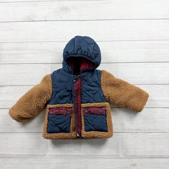 Rothschild Other - Rothschild Baby Hooded Winter Jacket Navy Blue Tan Sherpa Coat Fleece Lined